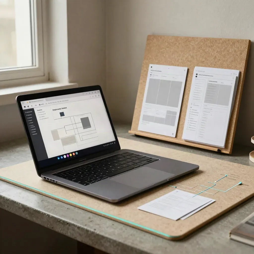 SEO-Setup mit Inhaltskarten, Browser-Display und markierten Verbindungen im Gegenlicht