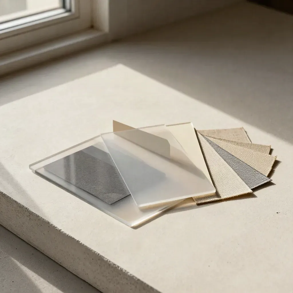 Konzept-Board mit Papierformen, Acrylkarten und Farbchips auf heller Steinplatte.